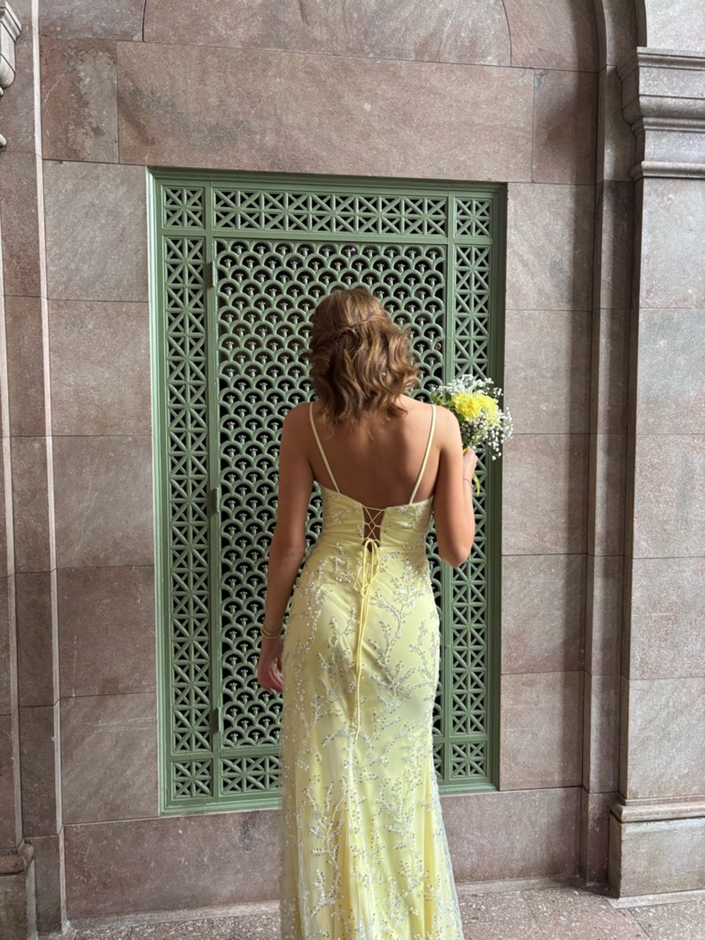 Faviana yellow sequin prom dress